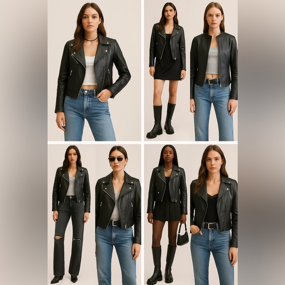 Women’s Black Faux Leather Moto Biker Jacket Y2K Size Large - Picture 6 of 6